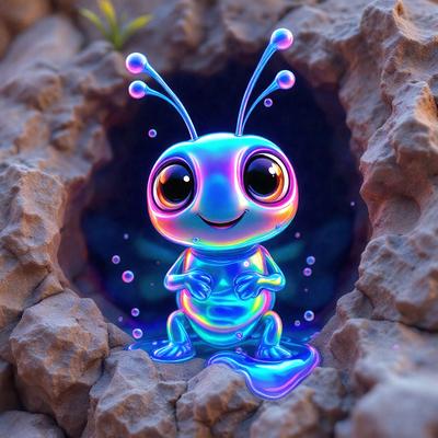 The primary subject of the image is a small, colorful, and cute creature, possibly a dragon or a similar creature, sitting in a hole or a crevice. The creature is surrounded by a vibrant and luminous environment, which adds to the overall atmosphere of the image. The visual style of the image is a combination of photo and digital art, creating a unique and captivating scene. The colors and mood of the image are predominantly bright and cheerful, with the creature's glowing appearance and the surrounding vibrant colors contributing to a positive and uplifting mood.